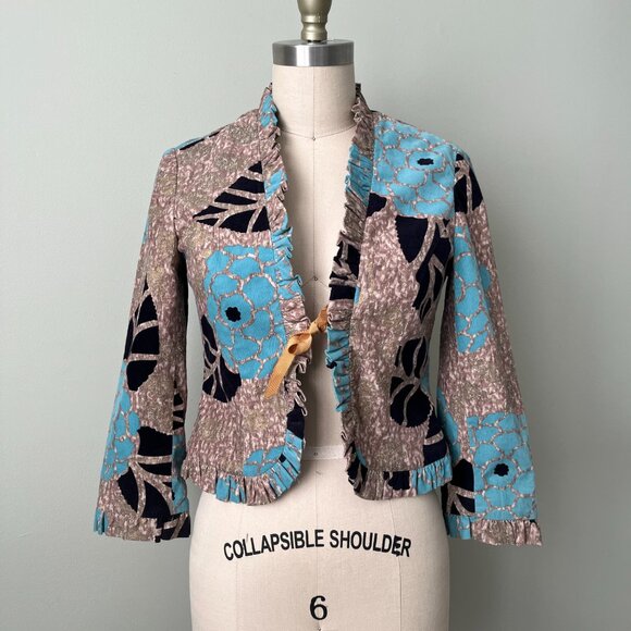 Anthropologie Jackets & Blazers - Anthropologie Odille Micro Corduroy Floral Ruffle Open Front w/tie Blazer Size 2